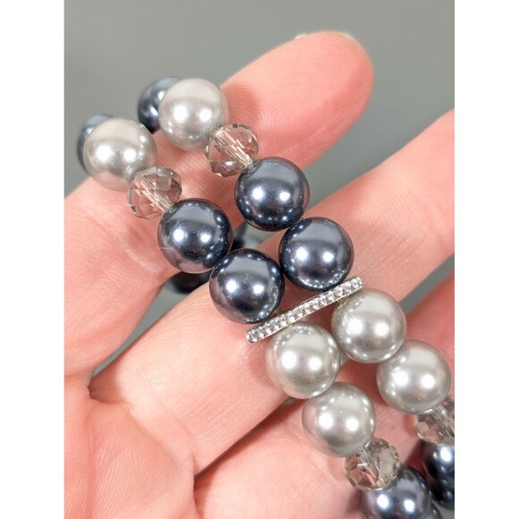 Roman Gray Faux Pearl Two Strand Stretch Bracelet 7" Elegant Evening - Picture 4 of 7